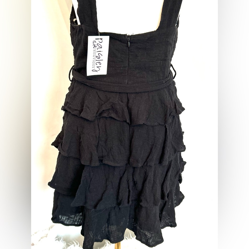 Paisley Womens Mini Dress Black Plunging Crossover V-Neck Waist Tie Tiered Skirt - Picture 6 of 11
